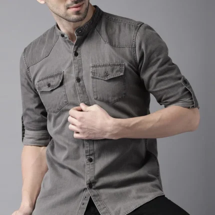 Grey Solid Denim Shirt